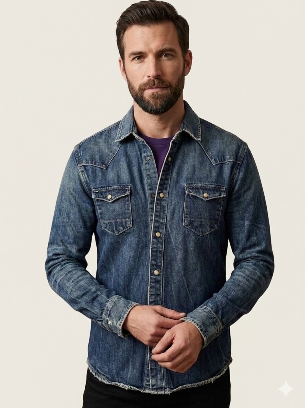 All Saints Mens Blue Denim Murph Pearlsnap Overshirt Jacket Shirt Small Western